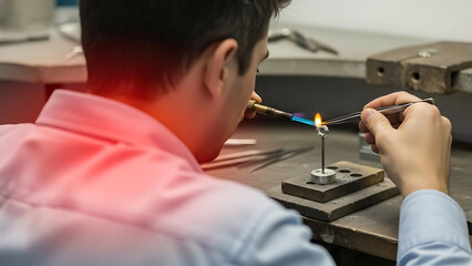 Artisan working with a precision flame torch on a small metal object at a workshop bench, focusing on intricate details.