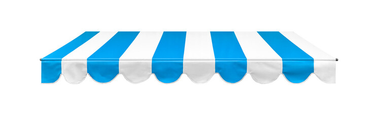 Blue and white canvas awning isolated on white background © Supachai