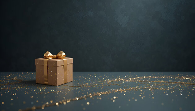 Elegant golden gift box with sparkling glitter on a dark background