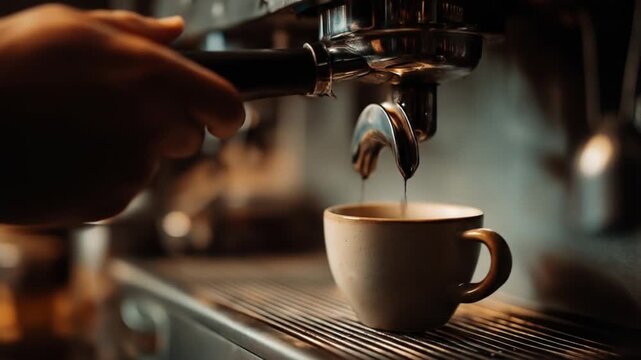 Barista extracts espresso into a small cup beneath gleaming machine; steam curls upward, warm light