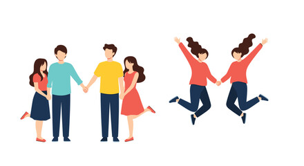 Fototapeta premium Set of illustrations showing happy young couples in love, holding hands while standing and jumping with joy on a white background.