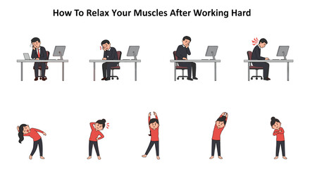 Infographic showing how to relax muscles after working hard, with illustrations of office workers doing various stretching exercises.