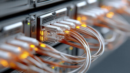 Network cables connected to modern data center rack with glowing orange lights showing active data transfer and high