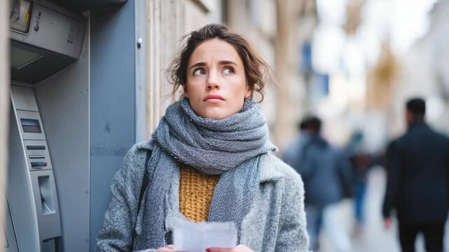 A Woman's financial anxiety at ATM: A contemplative woman stands by an ATM, clutching a financial statement, her expression a mix of concern and uncertainty.