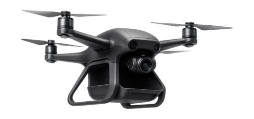 Four-rotor drone featuring a central cargo space for transporting items.