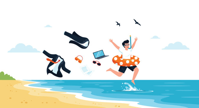 Happy man joyfully running into the sea for a vacation, throwing away his business suit, laptop, and work documents to relax.