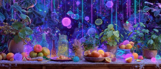 Yuletide charm: delightful decorative holiday tableau. Technological mesh. Festive glow: an abundance of christmas decor on a wooden canvas. Intelligent network. Smart grid.