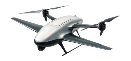 Hybrid drone with rotor and fixed-wing design, equipped with a top cargo hatch.