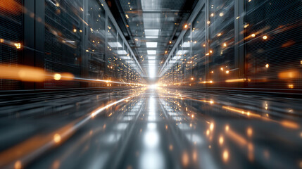 Futuristic data center corridor with glowing lights and reflective floor creating dynamic and high tech atmosphere