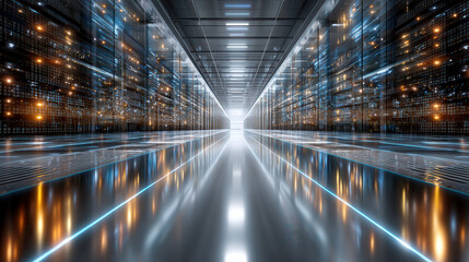 Futuristic data center corridor with glowing lights and reflective floor creating high tech atmosphere