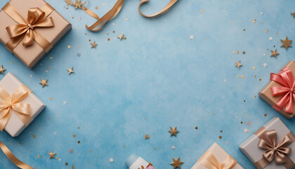 Elegant Gift Boxes with Gold Stars and Ribbons on Blue Background