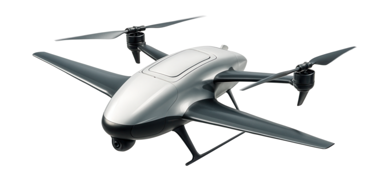 Hybrid drone with rotor and fixed-wing design, equipped with a top cargo hatch.