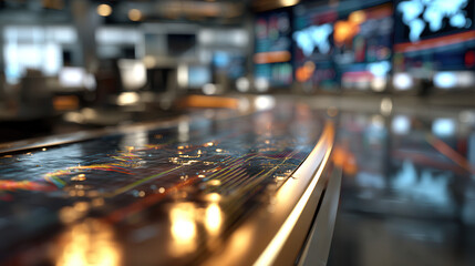 Ultra realistic visualization of data presentation environment with glowing circuit board and blurred background screens