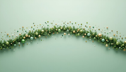 Elegant festive garland with golden and green baubles on soft background