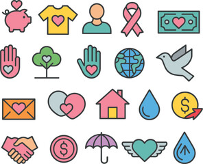Colorful charity and donation icon set vector illustration, collection of fundraising volunteering and non profit symbols isolated on white background graphic design elements