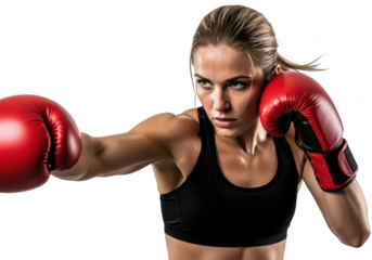 Woman boxer with red gloves isolated on transparent background