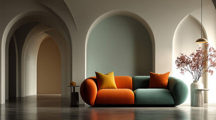Interior view of arched doorways with a modern sofa and flower arrangement