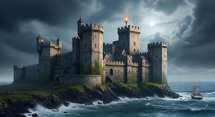 A formidable stone castle stands on a rocky cliff overlooking a turbulent sea