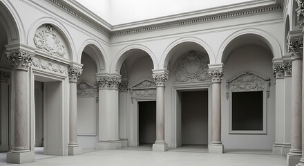 Empty square room with Elements of architectural decoration of buildings, arches and columns, door and window openings, plaster patterns and stucco molding