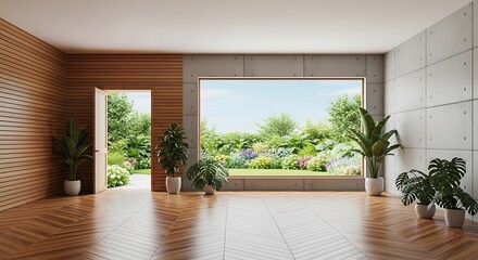 Empty square room with open door to garden, have concrete and wooden plank wall, parquet floor, plants, panoramic window.