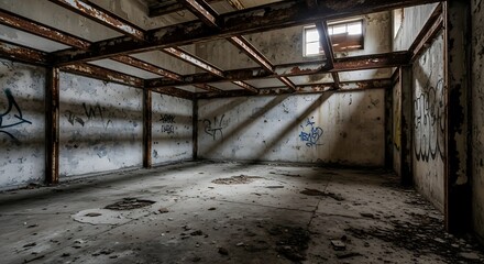 Empty square room with abandoned grunge hall with rusty metal beams