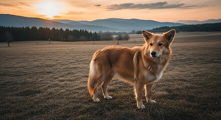 A tan dog stands in a field at sunset