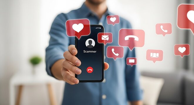 Person holding smartphone with social media notifications overlay.