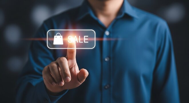 Man touching a virtual sale button with shopping bag icon.