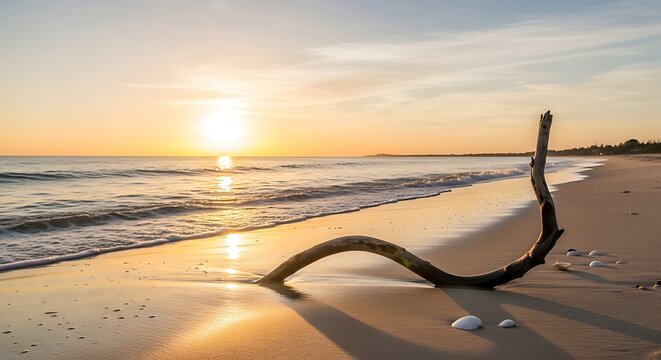 A weathered driftwood rests on a serene beach at sunset