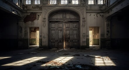 Empty square room with Main entrance of an abandoned building
