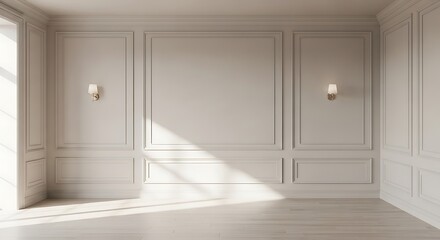 Empty square room with Contemporary beige white bright empty interior with wall panel and moldings