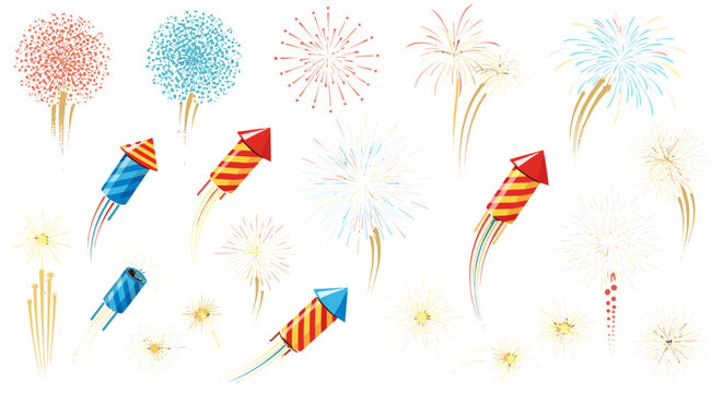 A vibrant collection of colorful fireworks, rockets, and explosive bursts for festive celebrations and holiday events