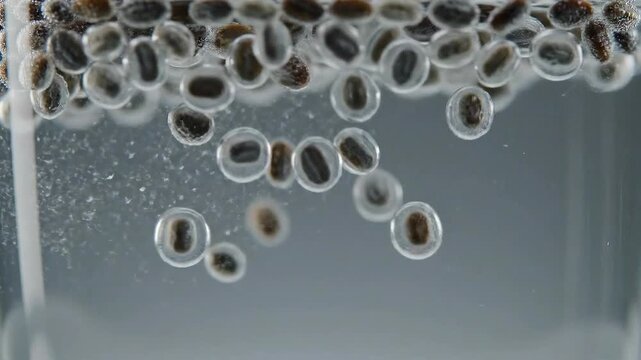 Macro shot of chia seeds absorbing water and forming a gel structure