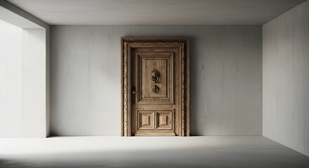 Empty square room with Historical Ornate Wooden Door