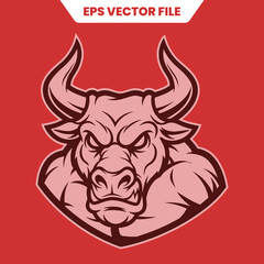 Aggressive Bull Mascot Head with Muscular Neck and Sharp Horns.