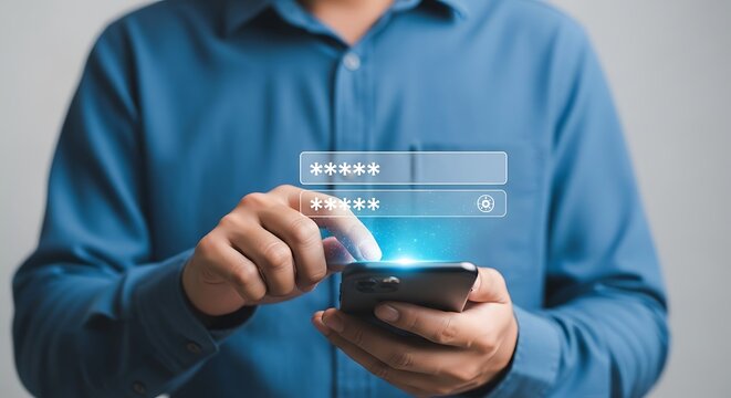 Man using smartphone for secure login with password.