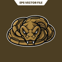 Fierce Brown Snake Mascot with Coiled Body and Sharp Fangs.