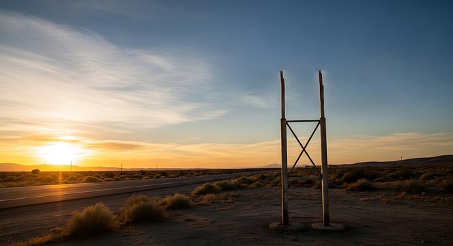 Desert sunset illuminates a deserted roadside structure and empty highway