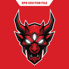 Fierce Red Oni Devil Head Mascot with Glowing Eyes.