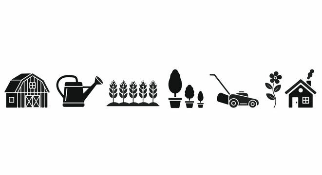 Black silhouettes depict farm/garden icons: barn, watering can, crops, potted plants, lawnmower, flower, and a house with smoke from chimney. Simple design.