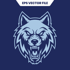 Intense wolf head illustration with sharp teeth and focused eyes.