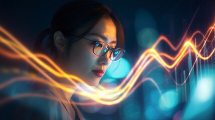 Dynamic analysis: a woman in finance breaking barriers with data insight. Social networking. Eyes on the data: skilled analysis of financial market trends. Network communication.