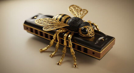 Intricate golden bee perches on a sleek black harmonica glowing elegantly under artful studio illumination. AI Generated