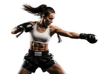 Woman boxer training punch isolated on transparent background