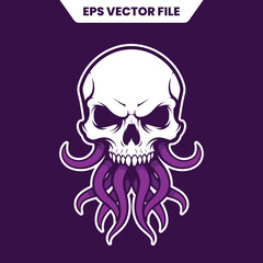 Skull with Octopus Tentacles Vector Illustration.