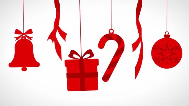 Animated Red Christmas Silhouette Ornaments Hanging on Strings.