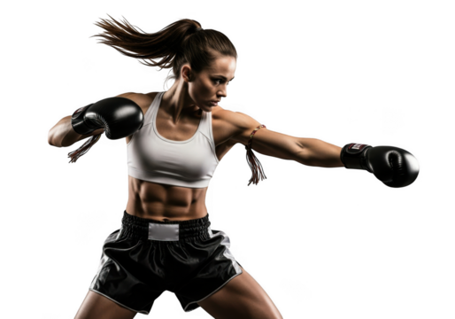 Woman boxer training punch isolated on transparent background
