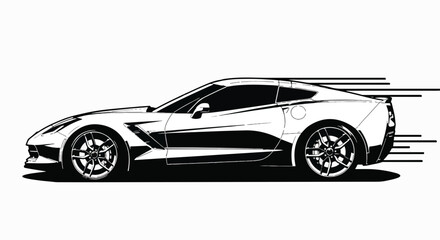 A black and white illustration of a Corvette sports car speeding from left to right, with motion lines emanating from the rear.