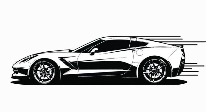 A black and white illustration of a Corvette sports car speeding from left to right, with motion lines emanating from the rear.