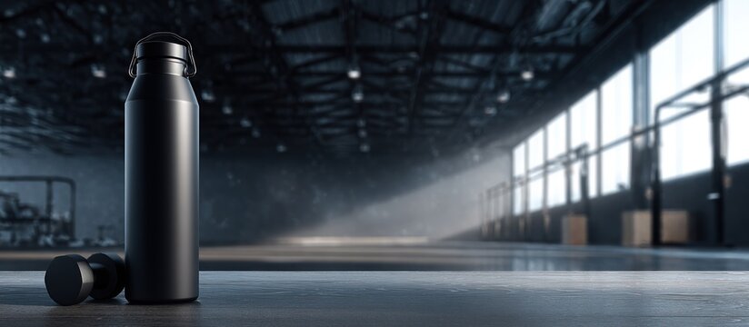 Black water bottle on a wooden surface in a gym.